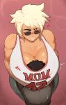  blonde_hair breast_smother breasts dark_skin donaught highres large_breasts mature muscle muscular_female original sunglasses tan tank_top 