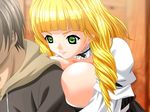  1boy 1girl blonde_hair breast_press breasts drill_hair game_cg green_eyes kyonyuu_gokuraku_seminar ogiwara_maika shadow_(artist) smile source_request west_vision 