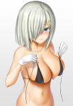  1girl abukobato bare_shoulders bikini black_bikini_top blue_eyes blush breasts closed_mouth collarbone gloves hair_ornament hair_over_one_eye hairclip hamakaze_(kantai_collection) highres kantai_collection large_breasts looking_at_viewer micro_bikini navel short_hair silver_hair simple_background solo swimsuit white_background white_gloves 