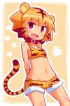  1girl :d animal_ears animal_print bangs bare_shoulders belt_buckle belt_collar blush breasts brown_hair buckle collar collarbone commentary_request crop_top eyebrows_visible_through_hair fang fur-trimmed_shorts groin hair_between_eyes kumatanchi multicolored_hair naga_u navel open_mouth orange_shorts print_shorts red_collar red_eyes short_hair short_shorts shorts small_breasts smile solo striped_tail tail tiger_ears tiger_girl tiger_print tiger_tail tora-oneesan two-tone_hair 