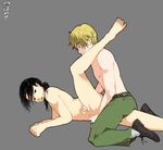  axis_powers_hetalia black_eyes black_hair blond blonde blonde_hair china_(hetalia) clothed_on_nude green_eyes long_hair naked nude ponytail sex short_hair simple_background topless united_kingdom_(hetalia) yaoi 