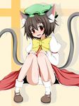  animal_ears black_hair cat_ears cat_tail chen hat highres multiple_tails panties red_eyes short_hair solo tail touhou underwear zefyu 