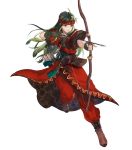 1girl armor arrow belt boots bow_(weapon) brown_footwear fingerless_gloves fire_emblem fire_emblem:_fuuin_no_tsurugi fire_emblem_heroes full_body gloves green_eyes green_hair headband highres holding holding_weapon leg_up long_hair mayo_(becky2006) nintendo official_art open_mouth pants quiver shiny shiny_hair short_sleeves shoulder_armor solo sue_(fire_emblem) teeth torn_clothes transparent_background weapon 