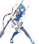  1girl armor bangs belt belt_pouch blue_eyes blue_footwear blue_hair boots breastplate fingerless_gloves fire_emblem fire_emblem:_fuuin_no_tsurugi fire_emblem_heroes full_body gloves highres holding holding_weapon miniskirt nintendo parted_lips polearm pouch scar short_hair short_sleeves shoulder_armor skirt solo spear tate thigh_boots thighhighs tobi_(kotetsu) torn_clothes transparent_background weapon zettai_ryouiki 