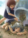  2girls brown_eyes brown_hair bullying child dirty garbage green_eyes humiliation multiple_girls open_mouth outdoors school_uniform silver_hair slime slug translation_request trash trash_can worms 