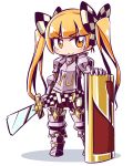  &gt;:) 1girl 7th_dragon 7th_dragon_(series) armored_boots bangs belt belt_buckle berich_(7th_dragon) blonde_hair blush boots bow breastplate buckle checkered checkered_bow closed_mouth commentary_request eyebrows_visible_through_hair full_body gauntlets hair_bow holding holding_sword holding_weapon long_hair naga_u orange_eyes shadow shield smile solo standing sword twintails twintails_day v-shaped_eyebrows very_long_hair weapon white_background 