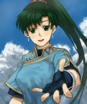  1girl blue_dress blue_sky cloud cloudy_sky dress fire_emblem gloves green_eyes green_hair highres lyndis_(fire_emblem) nintendo reaching_out shino_(2919) sky smile 