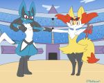  1boy 1girl animal_ear_fluff animal_ears arms_up artist_name blue_sky bow braixen clenched_hands closed_mouth cloud creatures_(company) day eyewear_on_head fist_bump fox_ears fox_tail full_body furry game_freak gen_4_pokemon gen_6_pokemon highres jpeg_artifacts looking_at_viewer lucario mezmaroon nintendo no_humans orange_eyes outdoors outstretched_arm paws pokemon pokemon_(creature) red-framed_eyewear red_bow red_eyes sky stadium standing stick sunglasses tail twitter_username wolf_ears 
