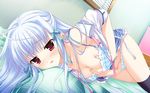  aqua_hair bed blue_bra blue_panties blush bow bow_bra bra breast_lift clothed_masturbation game_cg hair_ribbon hand_in_bra hand_in_panties lingerie lying marginal_skip masturbation mitha neithright_heithlover on_side open_clothes open_mouth open_shirt panties red_eyes ribbon school_uniform self_fondle shirt skirt skirt_lift solo tears thighhighs underwear untied 