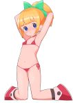  1girl absurdres armpits bangs bare_arms bare_shoulders bikini blue_eyes blunt_bangs blush bow child closed_mouth eyebrows_visible_through_hair female green_bow hair_bow highres kneeling looking_at_viewer navel ponytail rockman rockman_(classic) roll side-tie_bikini simple_background smile solo swimsuit toranoe white_background 