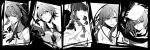  5girls ahoge asuka_sakurai bangs blunt_bangs braid breasts cloak closed_mouth collarbone commentary eyebrows_visible_through_hair eyepatch flat_cap gloves greyscale hair_between_eyes hair_intakes hair_over_one_eye hair_tie hat highres kantai_collection kiso_(kantai_collection) kitakami_(kantai_collection) kuma_(kantai_collection) long_hair looking_at_viewer machinery medium_hair monochrome multiple_girls neck_ribbon neckerchief ooi_(kantai_collection) open_mouth parted_lips pointing remodel_(kantai_collection) ribbon rigging sailor_collar school_uniform serafuku short_hair short_sleeves sidelocks single_braid smile smokestack tama_(kantai_collection) teeth turret upper_body 