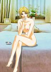  1girl akagi_ritsuko ashtray bad_feet bed bedroom blonde_hair breasts cigarette feet female indoors legs_crossed neon_genesis_evangelion nipples nude sitting smoking solo 