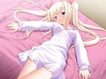  1girl bed blonde blonde_hair blue_eyes blush breasts game_cg long_hair lying small_breasts solo twintails 