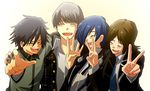  artist_request black_hair blue_hair bow bowtie brown_hair buttons closed_eyes collar crossover eyebrows fingers friends happy headphones looking_back male_focus multiple_boys narukami_yuu open_mouth persona persona_2 persona_3 persona_4 pointing school_uniform shirt source_request suou_tatsuya toudou_naoya white_shirt yasogami_school_uniform yuuki_makoto 