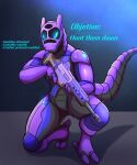  absurd_res anthro blue_eyes gun hi_res holding_object holding_weapon male purple_body purple_skin ranged_weapon rifle scalie simple_background solo synth_(vader-san) tail thony_dog weapon 