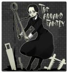  addams_family black_dress black_footwear black_hair boots braid copyright_name dress grey_background grey_eyes high_heel_boots high_heels holding holding_weapon knife koguchi_(kgc030) long_dress pale_skin parted_lips saw standing tongs twin_braids weapon wednesday_addams 