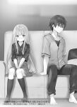  1boy 1girl arm_support artist_name bangs barefoot between_legs blurry blurry_background blush casual closed_mouth collarbone company_name copyright copyright_name couch dot_mouth dot_nose fujimiya_amane full_body greyscale hair_between_eyes hand_between_legs hanekoto high-waist_skirt highres hood hood_down indoors kneehighs long_hair looking_ahead looking_at_viewer monochrome no_shoes official_art on_couch otonari_no_tenshi-sama_ni_itsu_no_mani_ka_dame_ningen_ni_sarete_ita_ken pants pillow print_shirt shiina_mahiru shirt shirt_tucked_in short_sleeves shy sitting skirt sleeves_rolled_up socks split_mouth very_long_hair zipper zipper_pull_tab 