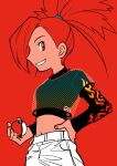 1girl alternate_costume bangs black_shirt commentary elizabeth_(tomas21) eyelashes flannery_(pokemon) grin hand_on_hip highres holding holding_poke_ball long_sleeves looking_at_viewer midriff navel pants poke_ball poke_ball_(basic) pokemon pokemon_(game) pokemon_rse ponytail red_background red_eyes red_hair shirt simple_background smile solo white_pants 