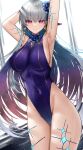  1girl armpits arms_behind_head arms_up bangs bare_shoulders blue_hair blush body_markings bracelet breasts closed_mouth covered_navel earrings fate/grand_order fate_(series) faton flower grey_hair hair_between_eyes hair_flower hair_ornament highres jewelry kama_(fate) kama_(swimsuit_avenger)_(fate) large_breasts long_hair looking_at_viewer lotus multicolored_hair one-piece_swimsuit red_eyes ribbon smile solo star_(symbol) star_earrings swimsuit thighs two-tone_hair 