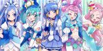  5girls ;d aoki_reika bangs blue_bow blue_eyes blue_hair blunt_bangs bow cake_hair_ornament commentary_request cure_beauty cure_diamond cure_la_mer cure_parfait cure_spicy delicious_party_precure dokidoki!_precure dress earrings eyelash_ornament food-themed_hair_ornament fuwa_kokone gradient_hair hair_ornament high_ponytail highres hishikawa_rikka jewelry kirahoshi_ciel kirakira_precure_a_la_mode laura_la_mer long_hair magical_girl midriff multicolored_hair multiple_girls necklace one_eye_closed pam-pam_(precure) pearl_hair_ornament pearl_necklace pink_eyes pink_hair precure side_ponytail smile smile_precure! tropical-rouge!_precure usoco very_long_hair wide_ponytail 