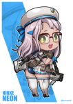  1girl :d ammunition_belt ass bangs belt_pouch beret blue_neckerchief blue_sailor_collar blush boots brown_gloves character_name chibi commentary_request from_behind full_body glasses gloves goddess_of_victory:_nikke green_eyes gun hair_ornament hairclip hand_up hat high_heel_boots high_heels kel-tec_ksg kurono long_hair looking_at_viewer neckerchief neon_(nikke) one-piece_swimsuit open_mouth over-rim_eyewear partial_commentary pleated_skirt pouch sailor_collar semi-rimless_eyewear shirt short_sleeves shotgun sidelocks skindentation skirt smile solo standing swimsuit teeth thigh_boots twitter_username upper_teeth_only upskirt weapon white_background white_footwear white_hair white_headwear white_shirt white_skirt zoom_layer 