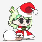  1girl :3 antlers blush_stickers braid capelet ceres_fauna chibi closed_mouth dress full_body green_hair hat highres holding holding_sack hololive hololive_english loen meme mole mole_under_eye padoru_(meme) red_capelet red_dress sack santa_dress santa_hat simple_background smile smol_fauna solo virtual_youtuber white_background 