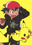  1boy :d alternate_costume arm_behind_head ash_ketchum backpack backwards_hat bag bangs black_hair black_hoodie black_shorts character_print commentary elizabeth_(tomas21) happy hat highres holding holding_poke_ball hood hoodie long_sleeves male_focus open_mouth pikachu poke_ball poke_ball_(basic) pokemon pokemon_(anime) red_headwear short_hair shorts simple_background smile white_bag yellow_background 