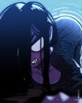 1girl angry backlighting black_dress black_hair breast_press breasts clenched_teeth crawling dress empty_eyes highres large_breasts loen long_hair long_sleeves looking_at_viewer mole mole_on_breast solo static sweat teeth television the_ring wet wet_clothes wet_hair yamamura_sadako 