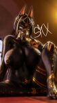  3d_(artwork) absurd_res anthro anubian_jackal anubis areola big_nipples black_areola black_body black_hair black_skin bom39 canid canine canis claws deity digital_media_(artwork) egyptian_mythology female genitals glistening glistening_body glistening_skin gold_(metal) gold_jewelry hair hi_res jackal jewelry looking_at_viewer mammal middle_eastern_mythology mythology navel nipples nude pussy sitting skxx_elliot solo womb_tattoo 