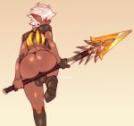  1boy android armor ass ass_grab bulge dark_elf dark_skin elf glowing highres holding holding_polearm holding_weapon huge_ass knee_up large_testicles medium_hair original otoko_no_ko pointy_ears polearm presenting seams shiny_skin smile solo testicles tube weapon white_hair zhiin 