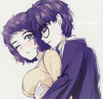  1boy 1girl amamiya_ren arms_under_breasts black_hair blush closed_eyes glasses hetero highres hug hug_from_behind jacket kawakami_sadayo looking_at_another medium_hair one_eye_closed open_mouth persona persona_5 purple_jacket sepia_background shirt short_hair striped striped_shirt twitter_username upper_body yaoto yellow_shirt 