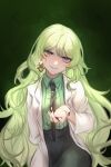  1girl :d absurdres bangs black_nails black_necktie coat collared_shirt earrings green_background green_eyes green_hair green_shirt green_skirt grin highres honkai_(series) honkai_impact_3rd hulai_de_gou_sheng jewelry labcoat long_hair long_sleeves looking_at_viewer mobius_(honkai_impact) nail_polish necktie shirt simple_background single_earring skirt slit_pupils smile solo wavy_hair white_coat 