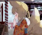  1girl animal_ear_fluff animal_ears arknights blonde_hair braid closed_eyes floral_print fox_ears fox_girl fox_tail fur_scarf hand_to_own_mouth hatsumoude japanese_clothes kimono long_hair multiple_tails new_year outdoors own_hands_together praying print_kimono red_kimono rope scarf shrine solo suzuran_(arknights) tail twin_braids unitedunti 