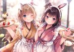  2girls ;q animal_ears apron bangs black_hair blue_eyes blurry blurry_background breasts brown_eyes brown_hair brown_kimono cake closed_mouth commentary_request day depth_of_field food frilled_apron frills hair_between_eyes holding holding_tray indoors japanese_clothes kimono long_hair long_sleeves looking_at_viewer medium_breasts multiple_girls nemuri_nemu one_eye_closed original parfait pink_kimono rabbit_ears smile swiss_roll tongue tongue_out tray twitter_username wa_maid white_apron wide_sleeves window 