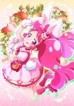 1girl :q absurdres animal_ears bangs boots cake_hair_ornament commentary_request cure_whip earrings food food-themed_hair_ornament fruit gloves hair_ornament highres jewelry kirakira_precure_a_la_mode long_hair magical_girl pink_eyes pink_footwear pink_gloves pink_hair pom_pom_(clothes) pom_pom_earrings pouch precure puffy_short_sleeves puffy_sleeves rabbit_ears rabbit_tail sakusakamin short_sleeves smile solo strawberry tail tongue tongue_out twintails usami_ichika 