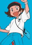  1boy :d alternate_costume arm_up bag blue_background blue_pants blush bracelet brown_eyes brown_hair commentary elizabeth_(tomas21) happy hat highres hilbert_(pokemon) jewelry leg_up male_focus open_mouth pants pokemon pokemon_(game) pokemon_bw red_footwear red_headwear shirt shoes short_hair short_sleeves shoulder_bag simple_background smile solo t-shirt white_shirt 