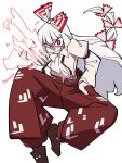  1girl absurdres bangs bow collared_shirt eddybird55555 english_commentary fire fujiwara_no_mokou hair_bow hand_in_pocket highres long_hair long_sleeves looking_at_viewer pants red_eyes red_pants sharp_teeth shirt simple_background solo suspenders teeth touhou white_background white_hair white_shirt 