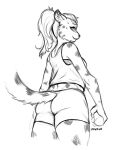  2020 anthro artist_name biped bottomwear breasts butt clothed clothing digital_media_(artwork) felid female foxovh hair hi_res holding_object holding_water_bottle looking_at_viewer looking_back looking_back_at_viewer mammal markings monochrome ponytail portrait rear_view shorts sketch solo spots spotted_markings standing three-quarter_portrait topwear 