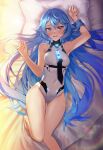  1girl ass_visible_through_thighs black_necktie blue_eyes blue_hair blush breasts d: daika!! hair_flaps hands_up highres indie_virtual_youtuber laena_lapis lens_flare leotard long_hair looking_at_viewer lying medium_breasts necktie on_back open_mouth solo thigh_gap very_long_hair white_leotard 