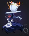  1girl apron arachne arthropod_girl black_background cup floating_hair grey_hair heavy_breathing highres holding loen long_hair maid maid_apron minigirl monster_girl parted_lips profile red_eyes running solo spider_girl spilling taur teacup tray very_long_hair white_apron wide-eyed 