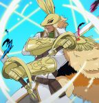  animal_humanoid anthro armor bandai_namco cape clothing curled_tail diarbbitmon digimon digimon_(species) digimon_ghost_game dual_wielding ear_piercing ear_ring fur headgear helmet hi_res holding_object holding_weapon humanoid knight lagomorph lagomorph_humanoid leporid_humanoid male mammal mammal_humanoid melee_weapon piercing rabbit_humanoid rapier ring_piercing scut_tail short_tail slayer_dramonz solo sword tail tailed_humanoid warrior weapon yellow_body yellow_fur 