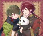  1623 2boys blush brown_hair chinese_clothes dankira!!! green_eyes hair_over_one_eye kiriyama_oboro long_braid long_hair male_focus multiple_boys open_mouth panda red_eyes red_hair short_hair smile stuffed_animal stuffed_panda stuffed_toy tsubaki_seito 