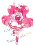  1girl animal_ears bangs boots bow cake_hair_ornament choker commentary cure_whip earrings food-themed_hair_ornament frills hair_ornament highres jewelry kirakira_precure_a_la_mode long_hair magical_girl open_mouth pink_bow pink_choker pink_corset pink_eyes pink_hair pom_pom_(clothes) pom_pom_earrings pouch precure puffy_short_sleeves puffy_sleeves qianxia_yell rabbit_ears rabbit_girl short_sleeves smile solo standing standing_on_one_leg symbol-only_commentary twintails usami_ichika very_long_hair 