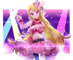  1girl absurdres asymmetrical_legwear bangs belt_bow blonde_hair commentary cure_butterfly earrings frills grin highres hirogaru_sky!_precure jewelry long_hair magical_girl midriff pink_headwear pink_skirt precure purple_eyes shipu_(gassyumaron) skirt sleeveless smile solo very_long_hair 