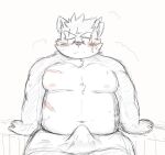  anthro belly blush canid canine canis domestic_dog embarrassed erection erection_under_towel lifewonders male mammal moritaka musclegut navel nipples pecs scar solo tokyo_afterschool_summoners towel yukinari_ism 