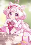  1girl absurdres ahoge animal_ears blush bow brooch cat_ears cat_girl commentary_request delicious_party_precure dress gloves headdress heart_brooch highres hikimayu jewelry kome-kome_(precure) kome-kome_(precure)_(human) kuzumochi long_hair pink_bow pink_dress pink_hair precure puffy_short_sleeves puffy_sleeves purple_eyes short_sleeves smile solo two_side_up white_gloves 