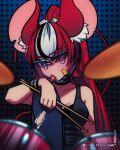  1girl :p alternate_hairstyle animal_ear_fluff animal_ears bandaid bandaid_on_cheek bandaid_on_face black_hair black_shirt blue_background blue_eyes blue_pants blush breasts denim dice_hair_ornament drum drumsticks hair_ornament hakos_baelz highres holding holding_drumsticks hololive hololive_english instrument jeans loen long_hair looking_at_viewer medium_breasts mouse_ears mouse_girl multicolored_hair nose_piercing pants piercing ponytail red_hair shirt sitting solo streaked_hair studded_bracelet studded_choker tongue tongue_out torn_clothes torn_pants virtual_youtuber white_hair 
