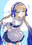  1boy :o alternate_costume apron artist_name bangs blue_background blue_bow blue_dress blue_hair blue_hairband blunt_bangs bow captain_nemo_(fate) collared_dress cowboy_shot crossdressing dress enmaided fate/grand_order fate_(series) frilled_apron frilled_headwear frills gradient_hair green_eyes hair_bow hairband hands_on_hips leaning_forward light_blush light_brown_hair long_hair long_sleeves looking_at_viewer low_twintails maid maid_day maid_headdress multicolored_hair namino. nemo_(fate) notice_lines otoko_no_ko parted_lips polka_dot polka_dot_background short_dress twintails twitter_username very_long_hair waist_bow white_background white_bow 