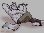  anthro canid canine canis death_(puss_in_boots) digitigrade fur grey_body grey_fur hi_res leaning leaning_back male mammal multicolored_body paws raised_arm red_eyes shirtless sickle solo tech_coyote two_tone_body wolf 