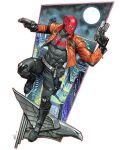  1boy batman_(series) belt body_armor boots brown_jacket dc_comics dual_wielding gloves gun handgun harness helmet highres holding holding_gun holding_weapon holster jacket jason_todd jorge_molina knee_pads leather leather_jacket male_focus red_hood_(dc) thigh_holster thigh_strap traditional_media weapon 